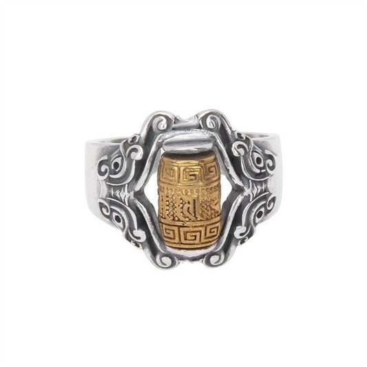 Sterling Silver Turquoise and Coral Inlay Ring with Ancient Chinese Pattern and Om Symbol 