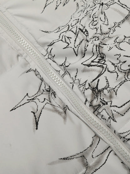 Retro Dark Print Faux Fur Collar Quilted Jacket 