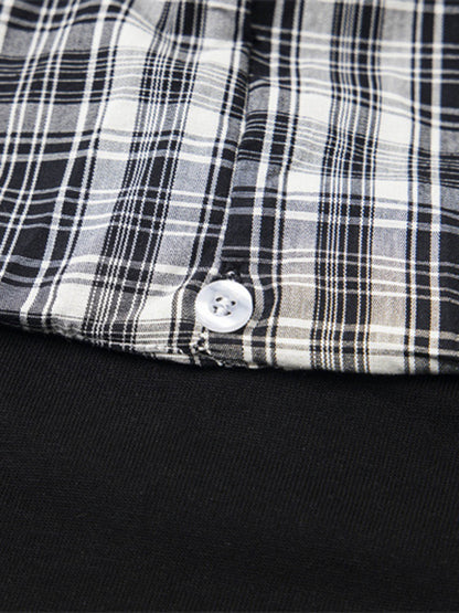 Detachable Badge Hooded Plaid Cape T-shirt 