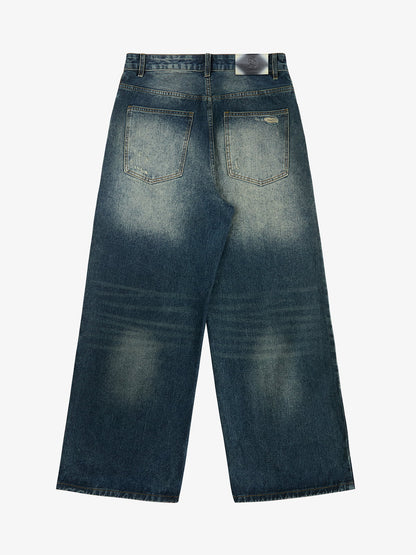 Retro Rhinestone Letter Embroidery Distressed Baggy Jeans 