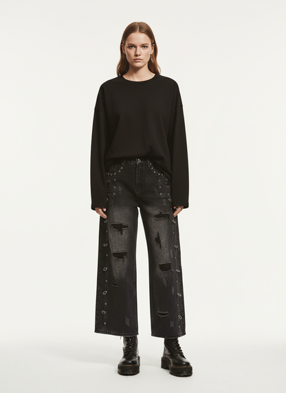 Vintage Washed Distressed Metal Ring Baggy Jeans