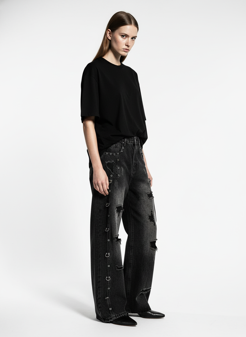 Vintage Washed Distressed Metal Ring Baggy Jeans