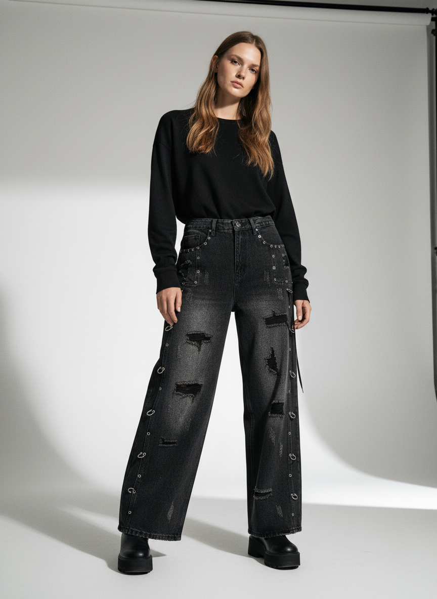 Vintage Washed Distressed Metal Ring Baggy Jeans