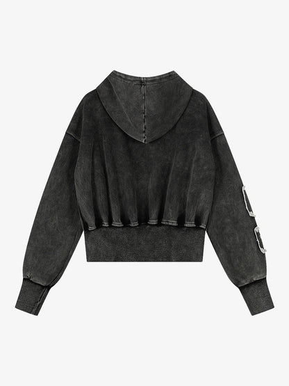 Distressed Washed Embroidered Zip-Up Hooded Jacket