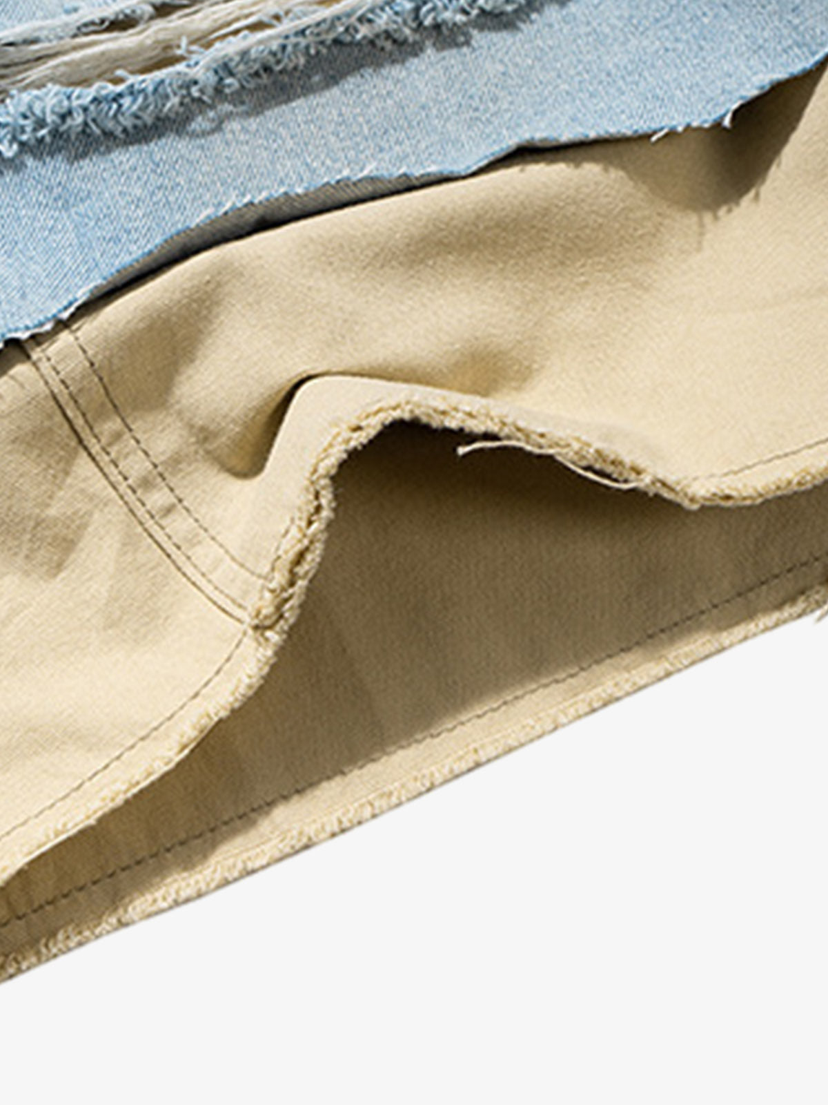 Cotton Denim Layered Ripped Shorts with Beige Underlayer for Men and Women, Fashionable Streetwear Style?