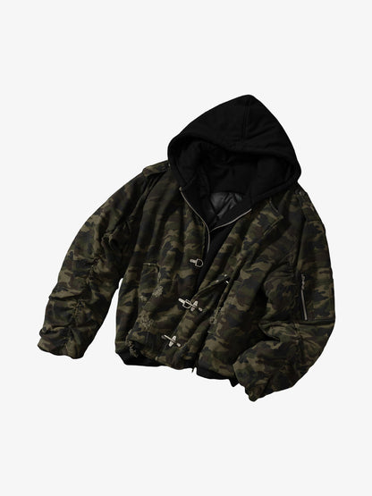 Camouflage Hooded Jacket with Distressed Details and Toggle Closure 