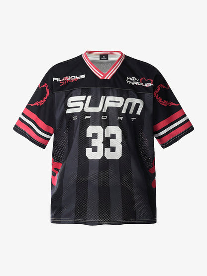 Polyester Mesh Sports Jersey with Bold Graphic Print and V-Neck Design for Streetwear Fashion 