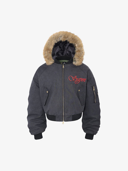 Winter Bomber Jacket with Faux Fur Hood Trim and Embroidered Logo 