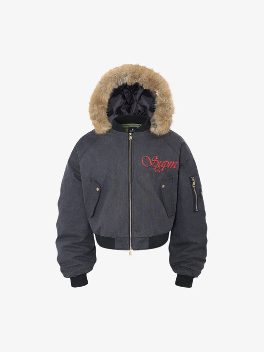 Winter Bomber Jacket with Faux Fur Hood Trim and Embroidered Logo 