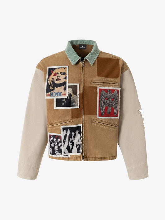 Unique Patchwork Denim Jacket with Iconic Graphic Prints 