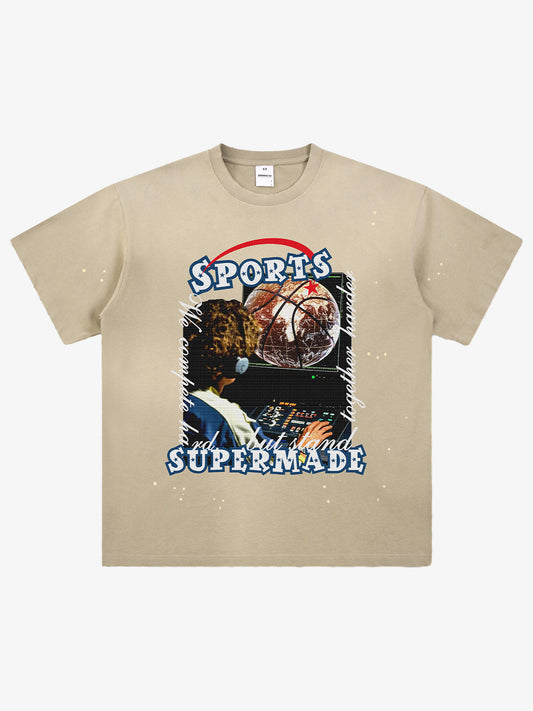 thesupermade-"Retro Basketball Radio" "Sports Know No Borders" Graphic Tee-Retro Ink Splash Streetwear Oversized T-Shirt 