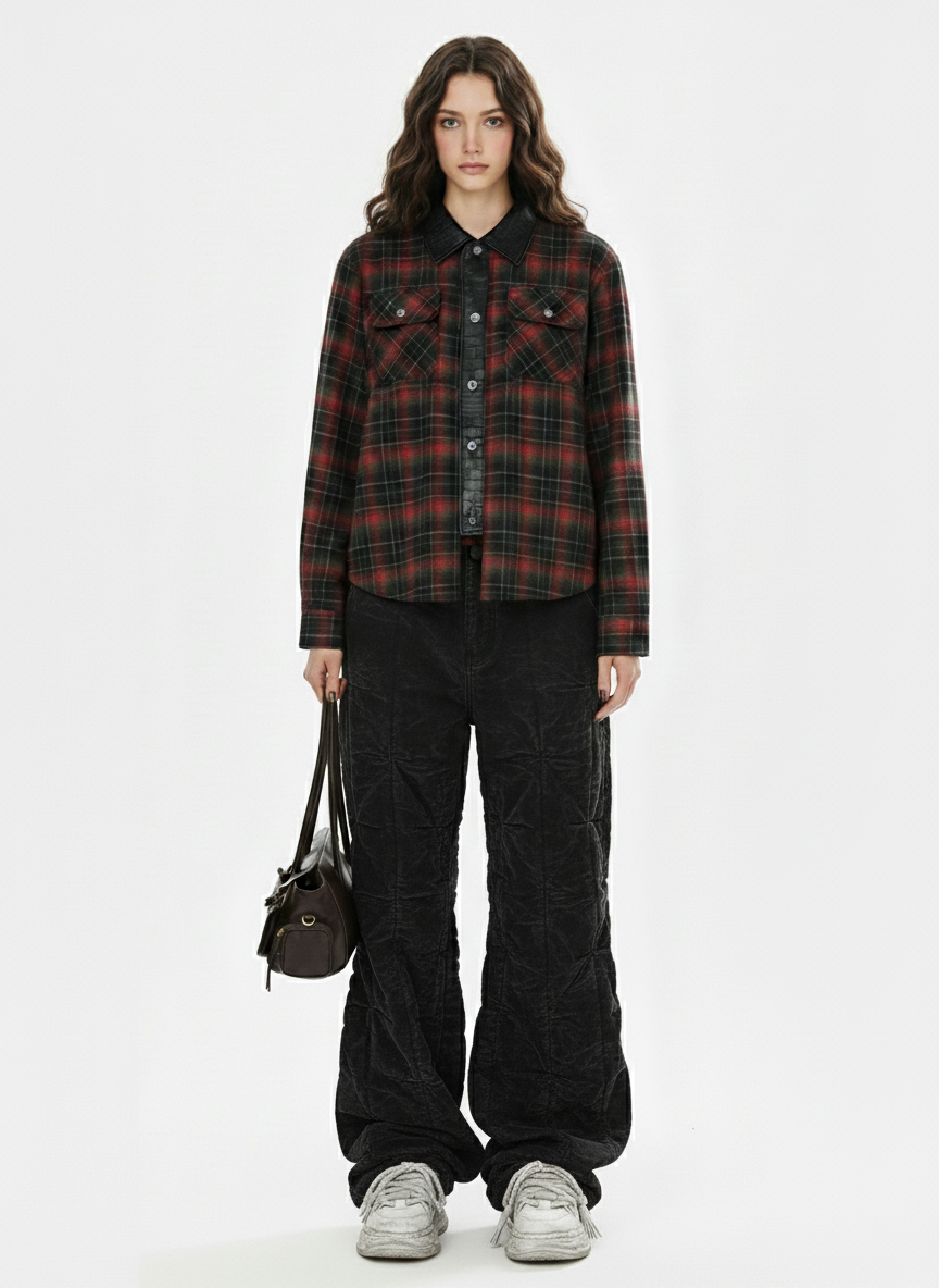 Retro Crocodile-Embossed Leather Patchwork Plaid Shirt