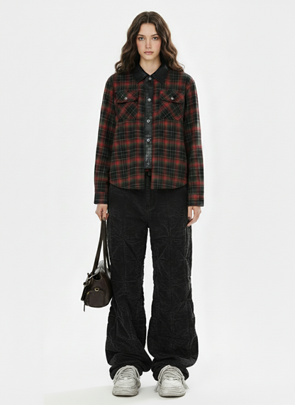 Retro Crocodile-Embossed Leather Patchwork Plaid Shirt