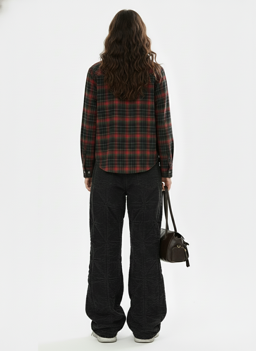 Retro Crocodile-Embossed Leather Patchwork Plaid Shirt