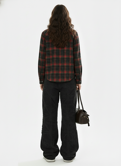 Retro Crocodile-Embossed Leather Patchwork Plaid Shirt