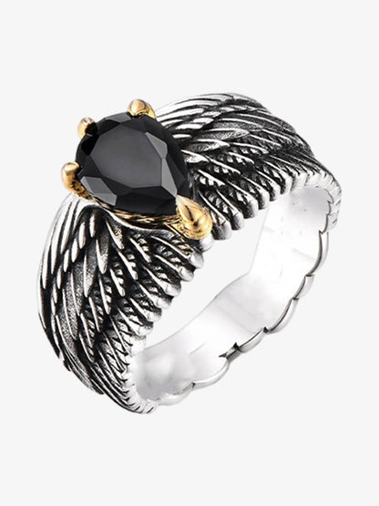 Sterling Silver Black Onyx Wing Ring with Gold Accents - Vintage Statement Jewelry for Women 