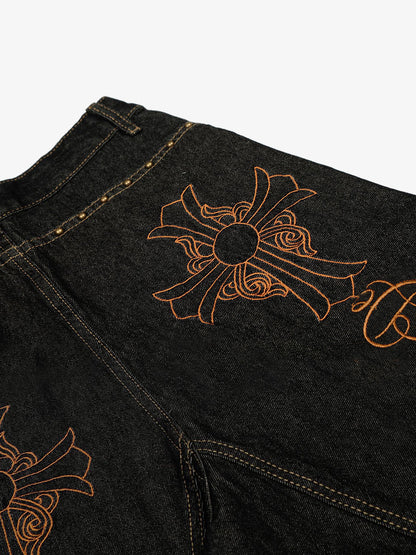 Denim Wide-Leg Trousers with Leopard Patch Detailing?