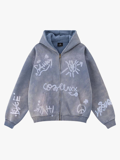 Street Graffiti Spray Print Zip Up Hoodie 
