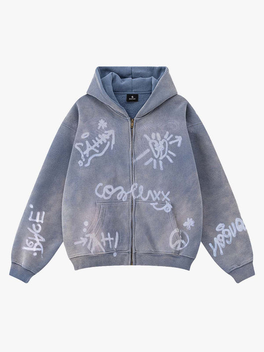 Street Graffiti Spray Print Zip Up Hoodie 