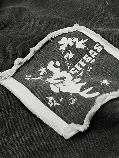 Distressed Washed Embroidered Zip-Up Hooded Jacket