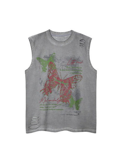 Distressed Graphic Butterfly Print Vest 
