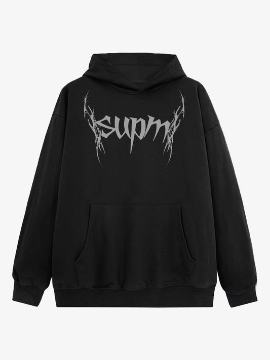 THE SUPERMADE Futuristic spiked pattern gothic style logo font design  Graphic Print Hoodie with Front Pocket 