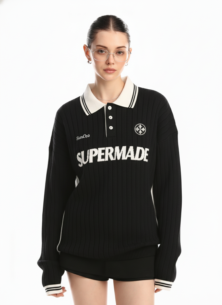 Retro College Polo Collar Knit Sweater