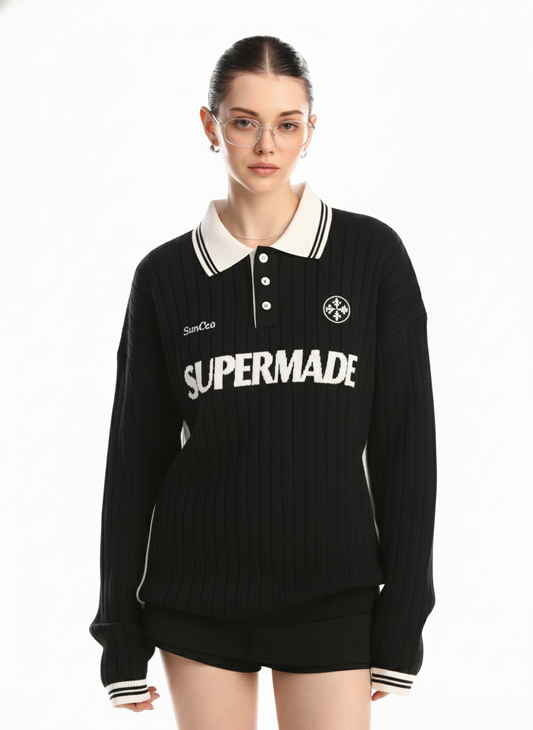 Retro College Polo Collar Knit Sweater