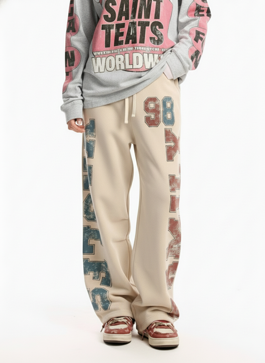 Retro Fleece-Lined Color-Block Letter Print Baggy Pants
