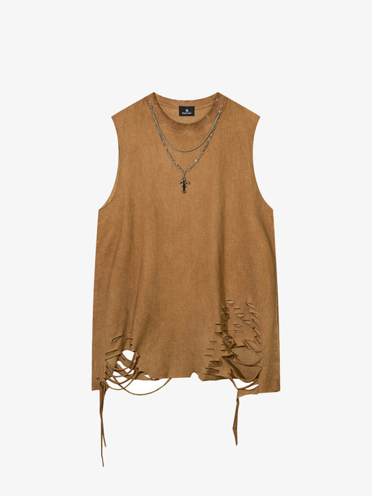 Cotton Ripped Sleeveless Tank Top with Frayed Hem and Cut-Out Details for Edgy Streetwear Style 