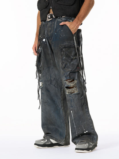Distressed Cargo Denim Pants with Star Belt - Perfect for Edgy Street Style 