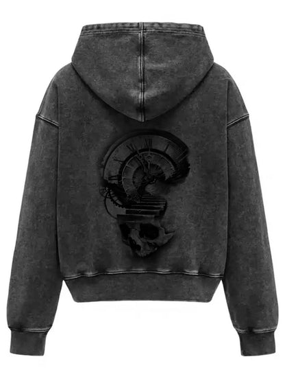 Thesupermade Washed Gray Distressed Double Zipper Cardigan Hooded Sweatshirt Sketch Skull Clock 
