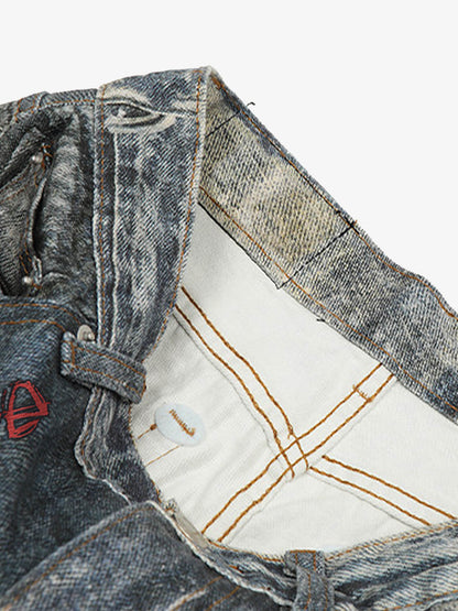 Distressed heavy-duty painted straight-leg jeans, adorned with red graffiti prints and paint-splatter wash effects?