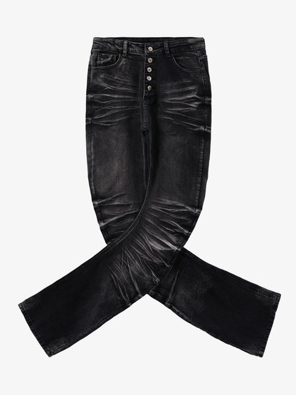 Black Denim Flared Jeans with Button Front High Waist Design?