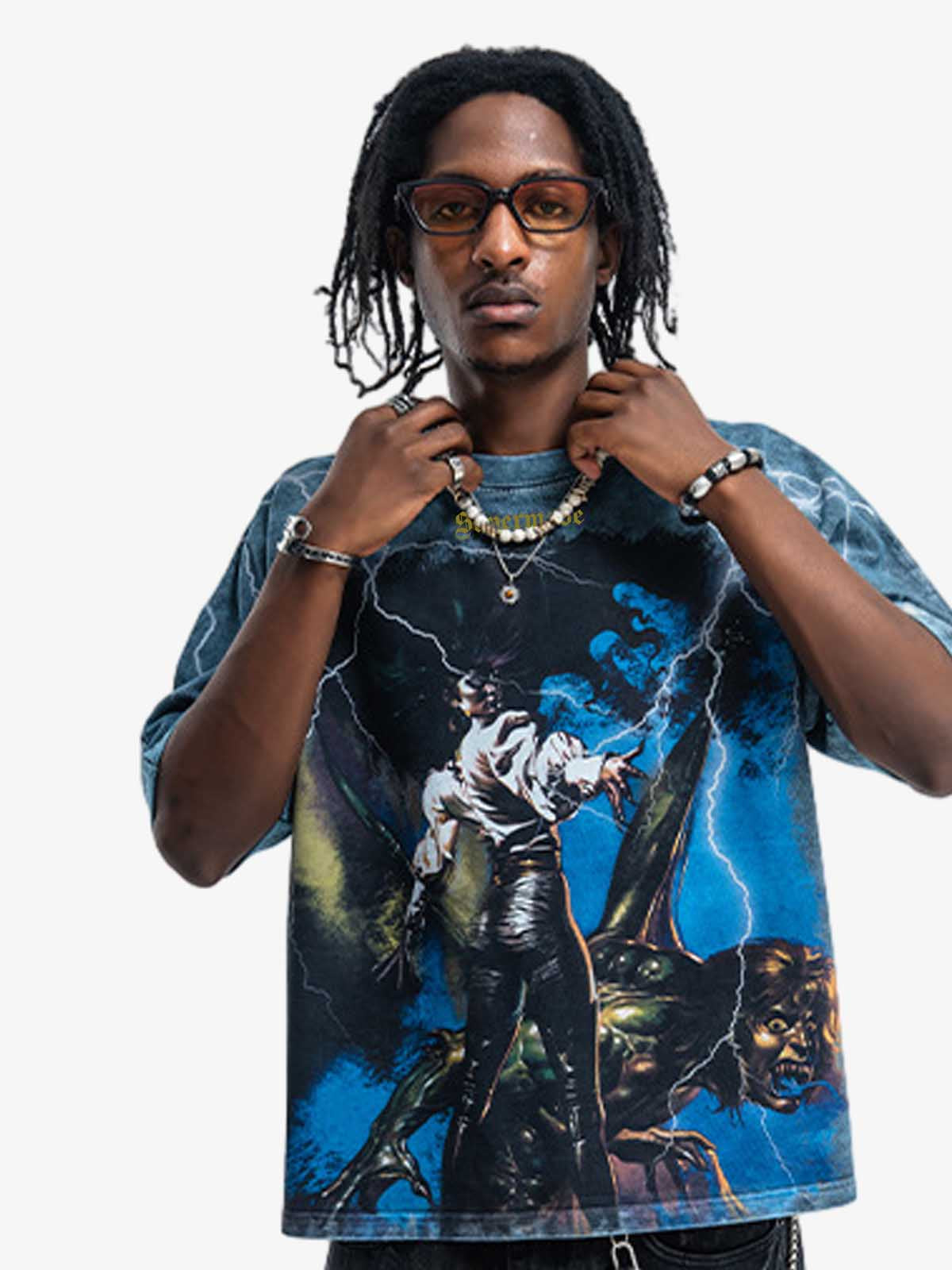 300G Jade Pattern Dyed Cotton T-Shirt with Lightning Graphic Print Oversized Streetwear Tee?