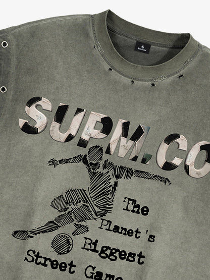 Distressed streetwear style loose sleeveless vest, decorated with a soccer print pattern and distressed and washed details, with metal eyelet details. 