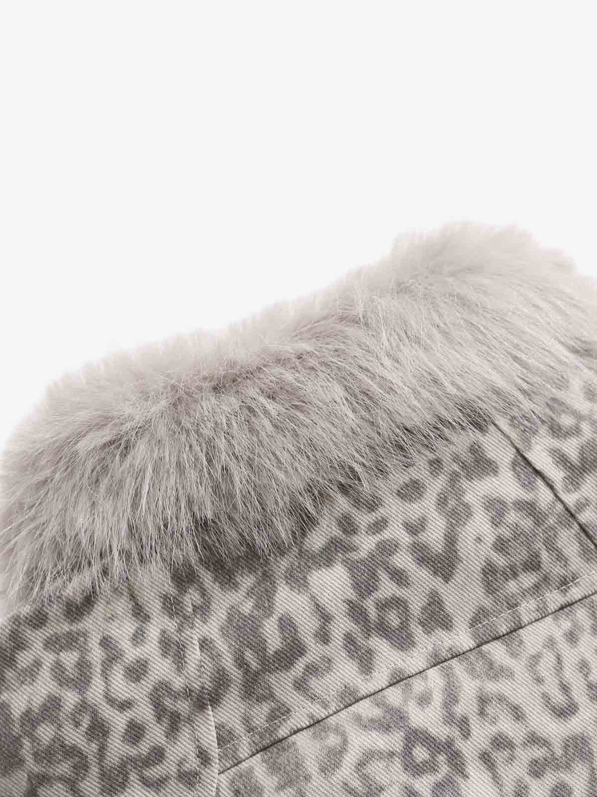 Vintage Leopard Fleece Faux Fur Collar Panel Trim Padded Jacket 