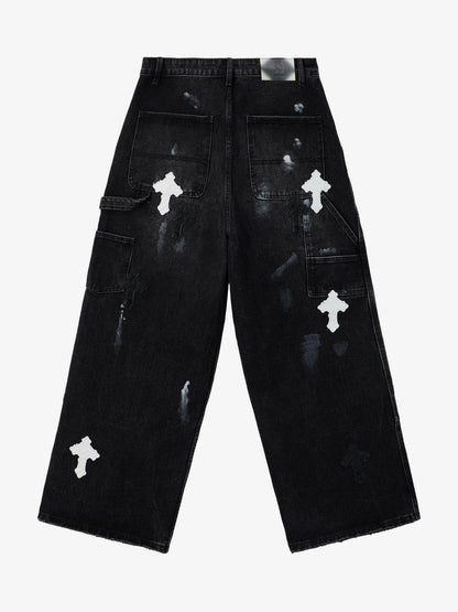 Supermade Retro Distressed Print Heavyweight Canvas Baggy Pants 