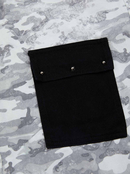 Cotton Blend Camouflage Wide Leg Pants with Drawstring Waist and Flag Patch 