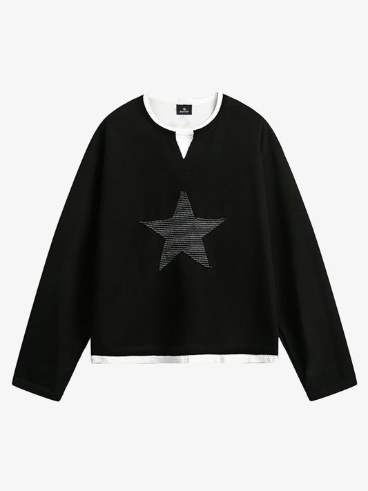 Cotton Blend Long Sleeve Star Print Crewneck Sweater for Women 