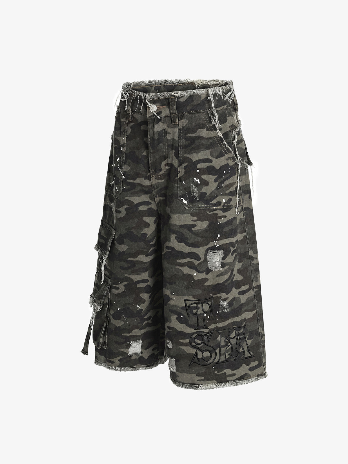 Distressed Camouflage Denim Cargo Shorts with Ripped Details and Embroidered Logo?