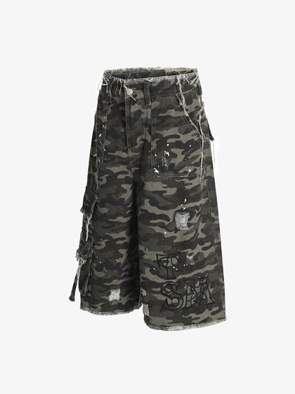 Distressed Camouflage Denim Cargo Shorts with Ripped Details and Embroidered Logo?