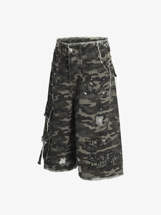 Distressed Camouflage Denim Cargo Shorts with Ripped Details and Embroidered Logo?