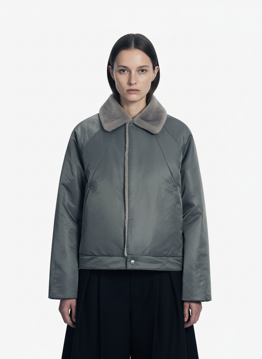 Deconstructed Patchwork Fur Collar Bomber Jacket