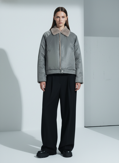 Deconstructed Patchwork Fur Collar Bomber Jacket