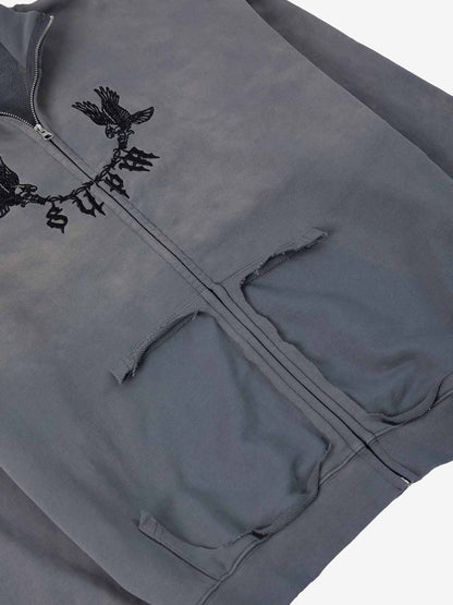 Supermade Gradient Eagle Embroidery Distressed Stand Collar Sweatshirt Jacket?