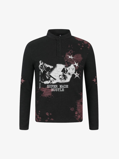 Cotton Blend Long Sleeve Henley Sweater with Graphic Print and Star Motif Design 