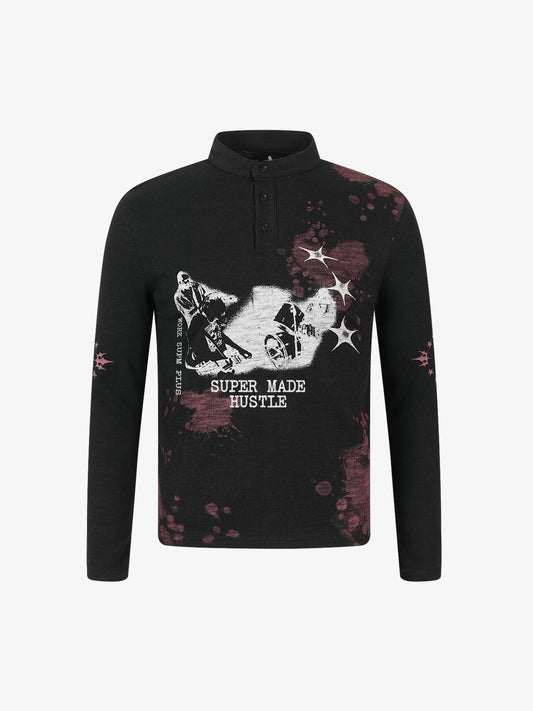 Cotton Blend Long Sleeve Henley Sweater with Graphic Print and Star Motif Design 