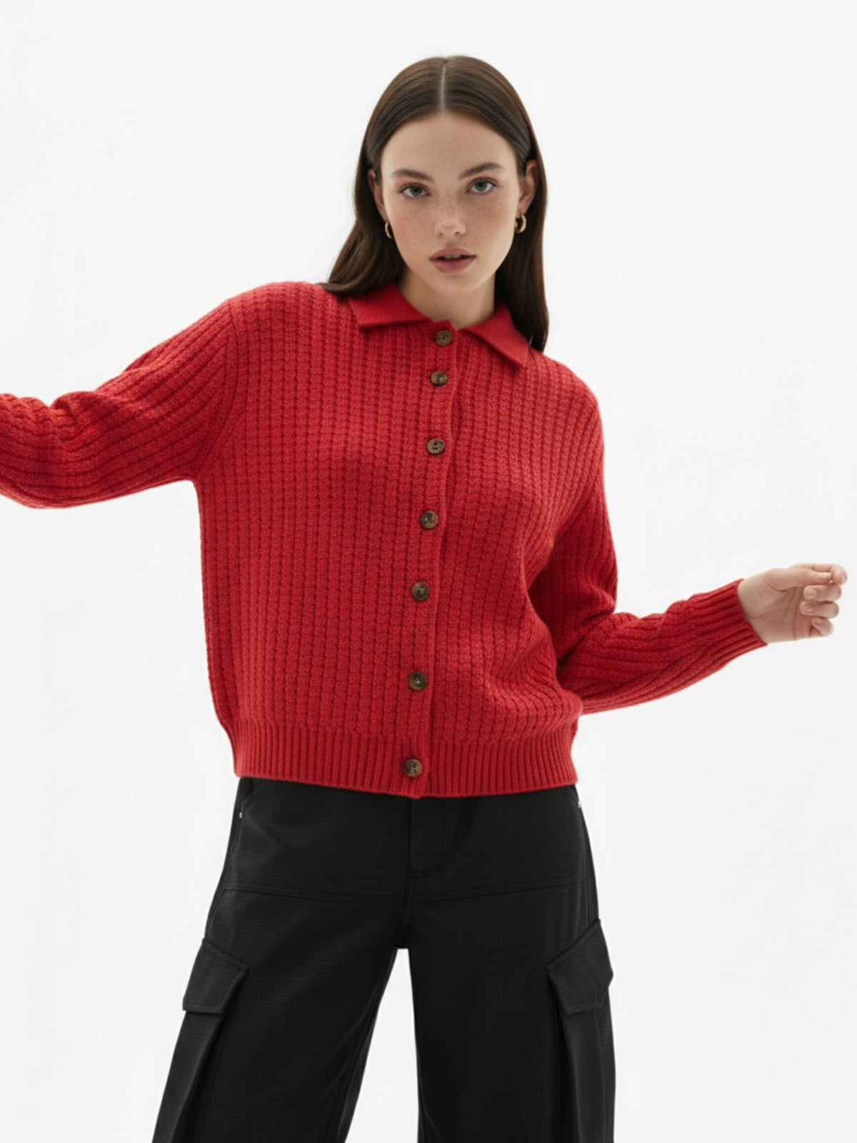 Retro Cable Knit Button-Up Collared Cardigan Sweater