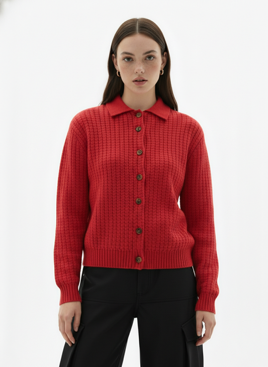 Retro Cable Knit Button-Up Collared Cardigan Sweater